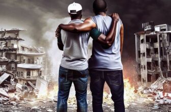 2 people standing back-t-back and protecting each other on the background of a ruined city