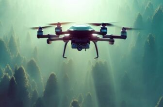 A drone hovering over a dense forest