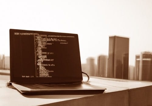 A laptop that is running a dev code lying on a skyscraper's roof with the urban background