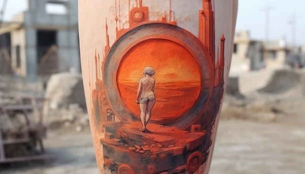 Tatooed leg on in front of ruins