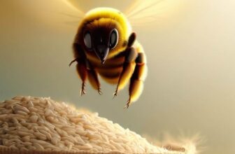 a bee hovering over a sack of rice