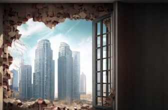 a room with a window that shows ruined skyscrapers outside