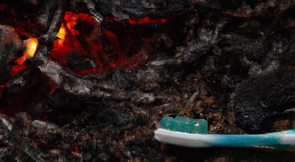 a toothbrush lying on an ash of a campfire